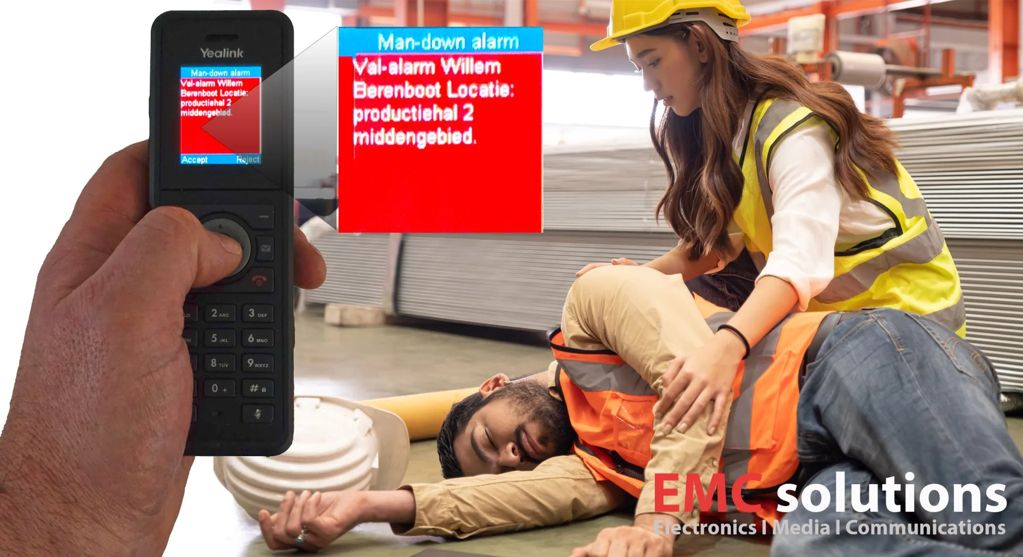 De alarmserver ondersteund alle alarmfuncties (man-down en SOS button) van de Yealink DECT handsets W59R en W57R.