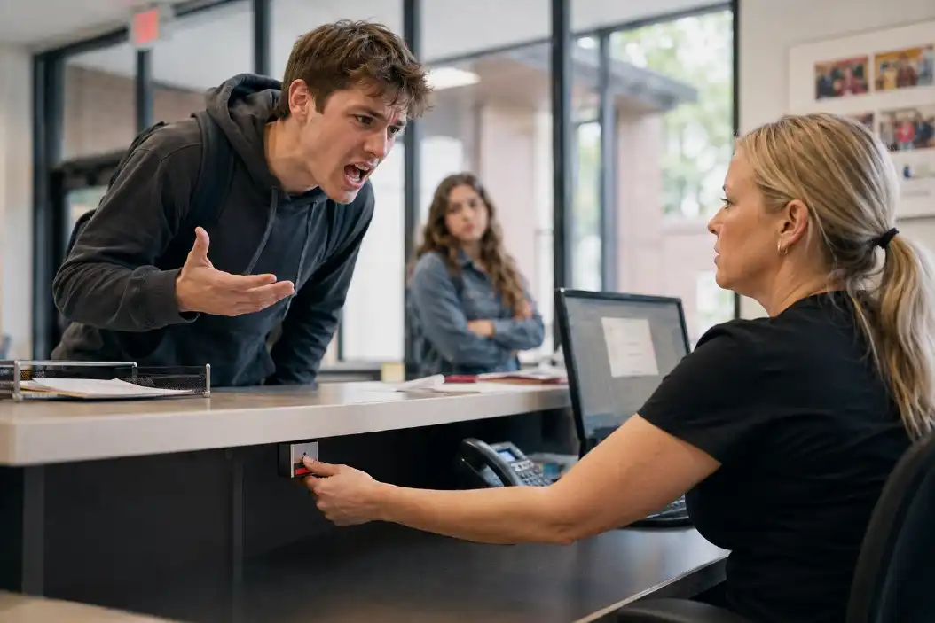 Receptiemedewerker druk op de noodknop voor stille alarmering omdat er een leerling heftig staat te schreeuwen en agressie vertoond.