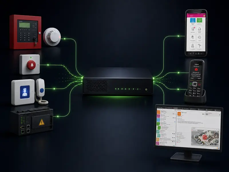 diagram alarmserver Alarmserver met ingaande koppelingen zoals brandmeldcentrale, BHV en zorgoproep. Uitgaande koppelingen naar smartphone, DECT en PC.